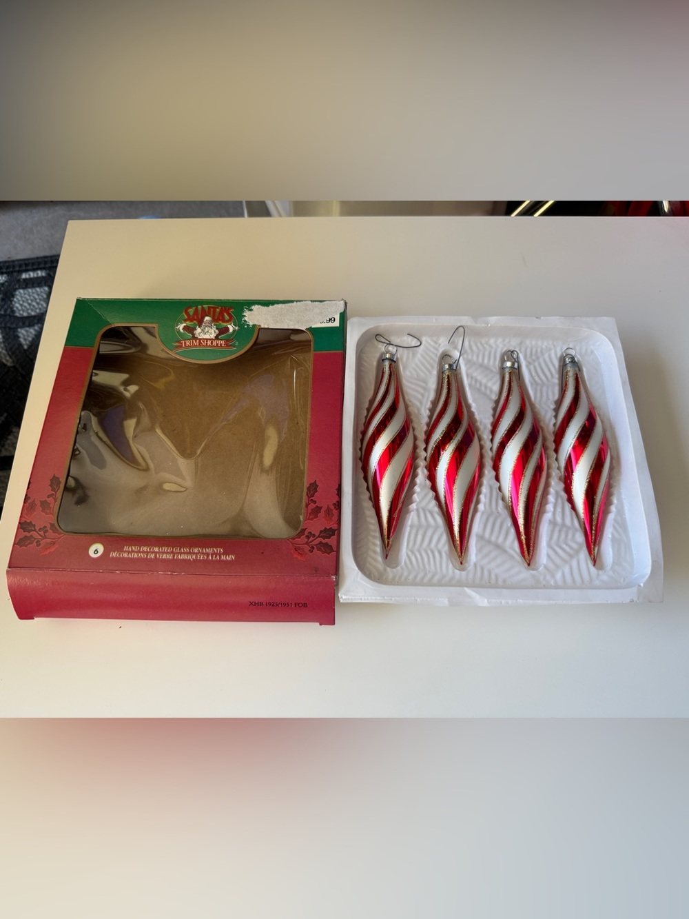Vintage Glass Red and White Spiral Glass Ornaments - Set of 4 Santas Trim Shop